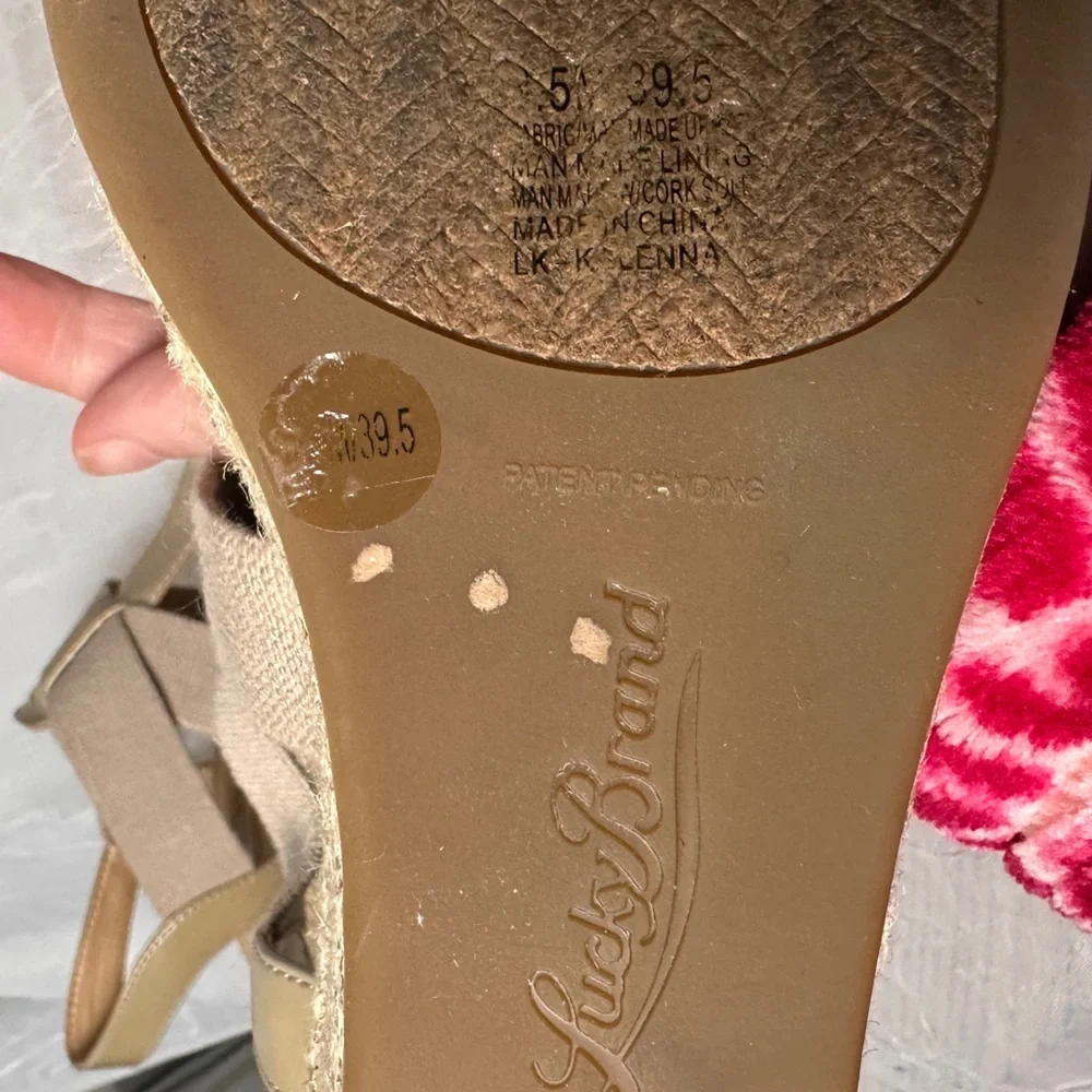 Lucky Brand Cork Wedge Heel Espadrilles Sandals T-strap Stretch Slingback 9.5‎